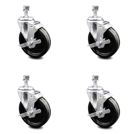 Service Caster 5 Inch Phenolic Wheel Swivel 12mm Threaded Stem Caster Set with Brake SCC SCC-TS20S514-PHR-TLB-M1215-4